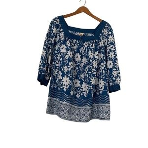Faded Glory Top 2X Blue White Floral Blouse Mature Summer Retro Relaxed Y2K 90’